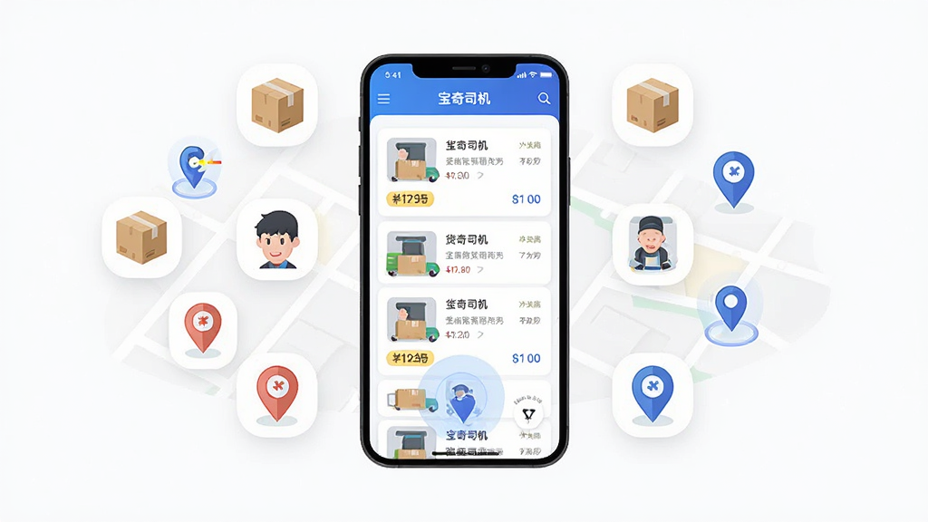 画面主体为一部智能手机,屏幕中展示着“宝奇司机”APP的货源列表界面,周围环绕着多个漂浮的货物图标与地图定位标记,布局采用中心对称式构图,手机位于画面正中央,风格为扁平化科技插画风格,细节包括手机界面上的货源卡片、价格标签、距离提示以及地图上的蓝色定位光点,画质为高清矢量风格,画面干净,无多余元素。