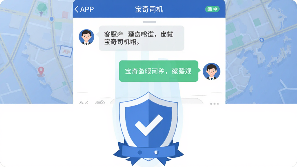 画面主体为“宝奇司机”APP的客服聊天界面与安全盾牌图标组合,布局采用上下结构,上方为聊天对话框,下方为盾牌与认证徽章,风格为简洁商务插画风格,细节包括聊天界面中的文字气泡、客服头像、盾牌上的对勾标志以及背景中的地图轮廓,画质为高清矢量风格,画面干净,无多余元素。