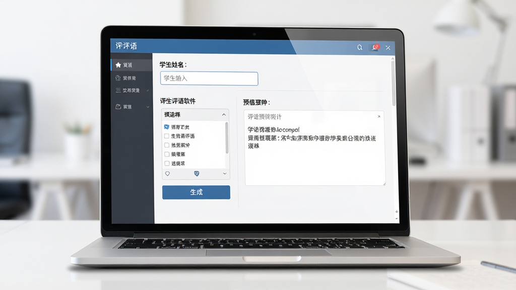 全自动学生评语软件主界面预览图,主体为一台打开的笔记本电脑,屏幕上显示评语生成软件的操作界面,界面中包含学生姓名输入框、评语模板选择区、生成按钮和评语预览文本框,布局清晰简洁,排版整齐,风格为现代简约办公风,细节上屏幕周围有轻微的界面反光和阴影,画质高清,干净,无多余元素