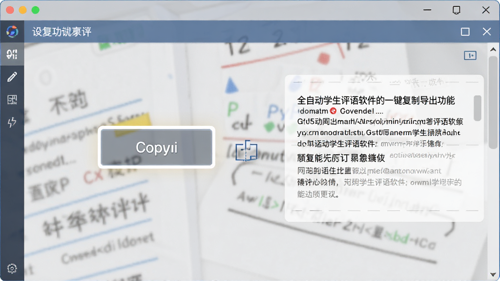 全自动学生评语软件的一键复制导出功能展示图,主体为软件界面中高亮的复制按钮和导出菜单,旁边显示已生成的评语文本内容,布局为居中展示,排版简洁,风格为扁平化办公软件风,细节上按钮有按压态效果,画质高清,干净,无多余元素