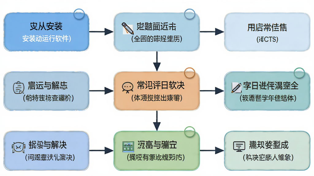 全自动学生评语软件问题排查流程图,主体为一张流程图展示从安装到运行的常见问题解决步骤,布局为从上到下的流程结构,排版清晰,风格为信息图表风,细节上每个步骤用圆角矩形框表示,画质高清,干净,无多余元素