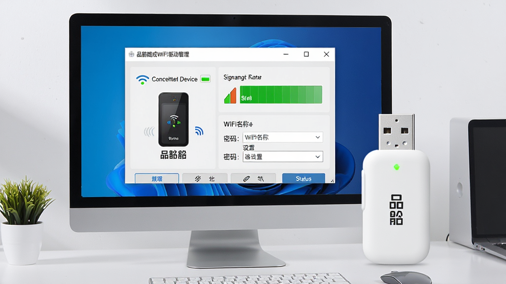 一张展示品胜随身WiFi驱动软件界面的图片,主体为电脑屏幕上打开的品胜随身WiFi驱动管理窗口,窗口内显示设备已连接、信号强度满格、WiFi名称和密码设置区域,旁边放置一个白色的品胜随身WiFi USB设备,背景是整洁的办公桌面,布局居中,风格简洁科技感,细节包括界面按钮、状态图标、USB设备指示灯,画质清晰,干净,无多余元素