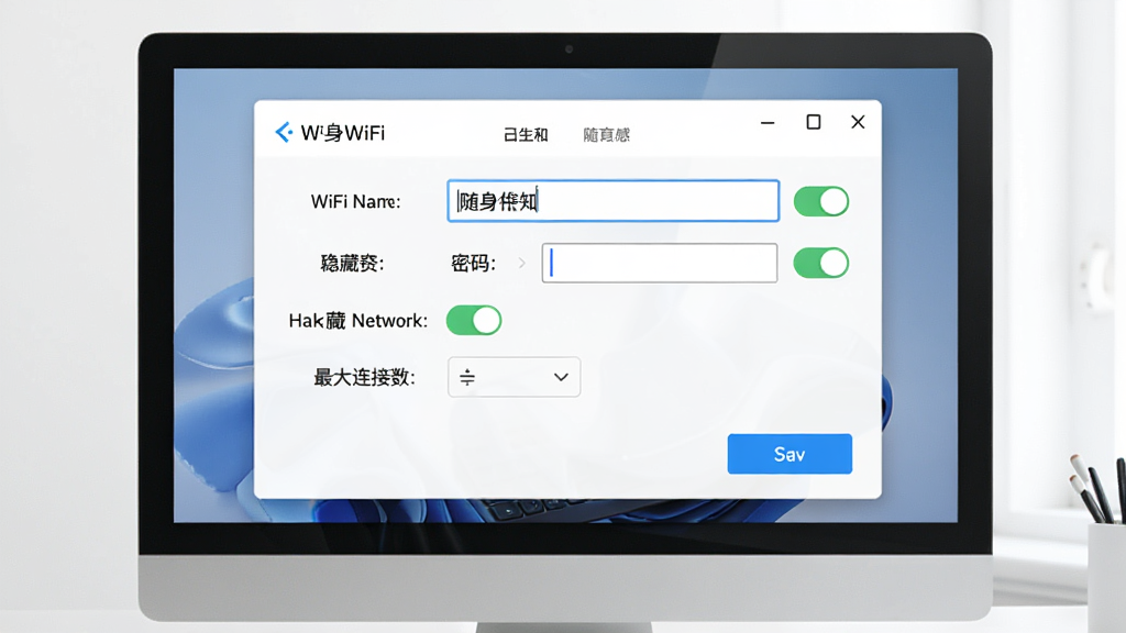 一张展示品胜随身WiFi驱动WiFi设置界面的图片,主体为电脑屏幕上的设置面板,包含WiFi名称输入框、密码输入框、隐藏网络开关、最大连接数选择器,布局整齐,风格清爽明亮,细节包括输入框光标、开关按钮、保存按钮,画质清晰,干净,无多余元素