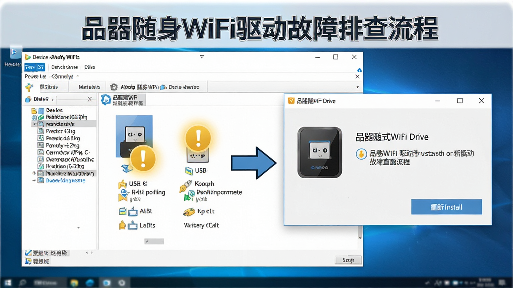 一张展示品胜随身WiFi驱动故障排查流程的图片,主体为电脑屏幕上的设备管理器界面和品胜随身WiFi驱动窗口并排显示,左侧设备管理器中有黄色感叹号标识,右侧驱动窗口显示重新安装按钮,布局左右对比,风格教学示意图,细节包括箭头指引、文字标注、USB设备图标,画质清晰,干净,无多余元素