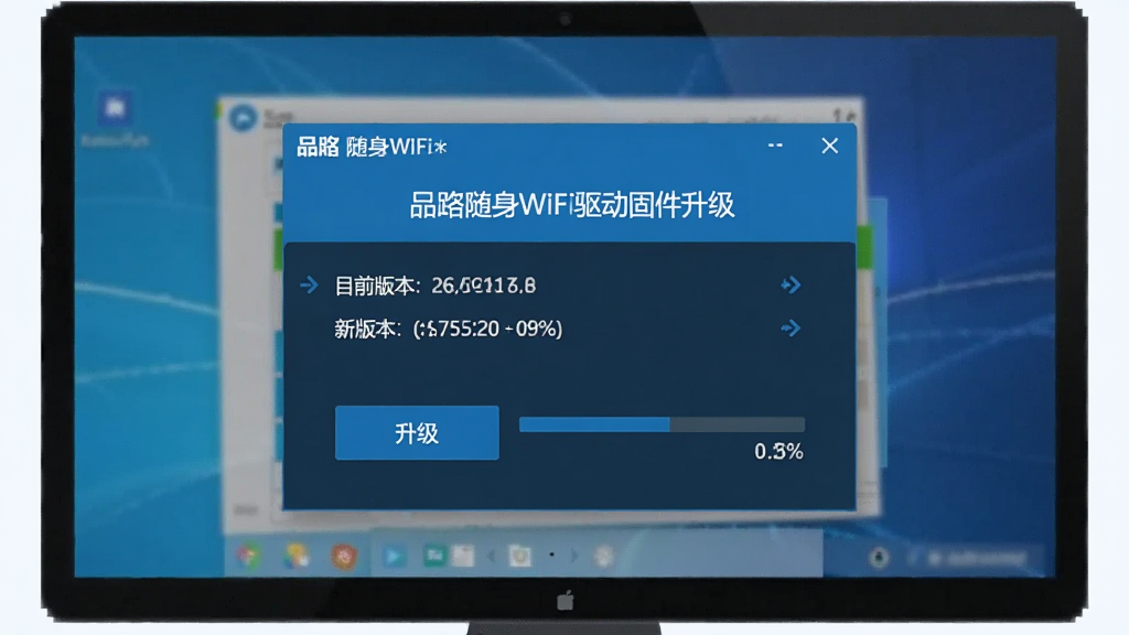 一张展示品胜随身WiFi驱动固件升级界面的图片,主体为电脑屏幕上的升级确认弹窗,显示当前固件版本和新版本号,下方有升级按钮和进度条,布局居中,风格科技蓝色调,细节包括版本号文字、箭头指示、升级进度百分比,画质清晰,干净,无多余元素