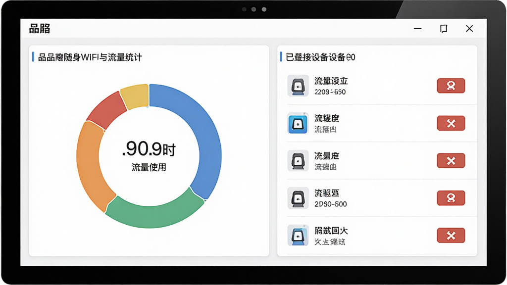 一张展示品胜随身WiFi驱动流量统计与设备管理界面的图片,主体为电脑屏幕上的数据面板,左侧显示流量使用环形图,右侧显示已连接设备列表,布局左右分栏,风格简洁商务,细节包括流量数字、设备名称、拉黑按钮图标,画质清晰,干净,无多余元素