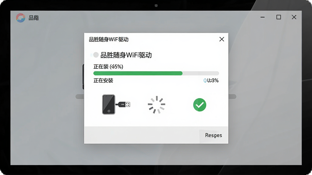 一张展示品胜随身WiFi驱动一键安装界面的图片,主体为电脑屏幕中央弹出的驱动安装进度窗口,窗口标题写着品胜随身WiFi驱动,进度条显示正在安装,下方有设备图标和USB连接标识,布局简洁,风格扁平化设计,细节包括进度百分比、旋转加载图标、绿色对勾标识,画质清晰,干净,无多余元素