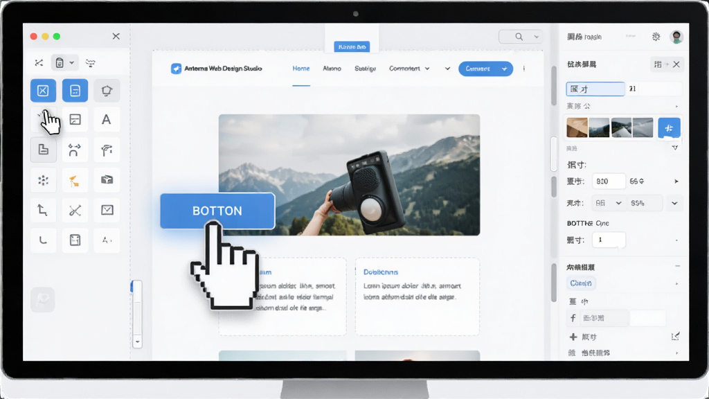 Antenna Web Design Studio 可视化拖拽编辑功能展示,画面中一只手形光标正从左侧组件面板拖拽一个按钮组件到中央画布上,画布中已放置了导航栏、图片和文本框,右侧属性面板显示该按钮的颜色与尺寸设置,整体界面明亮整洁,风格现代简约,画质清晰,干净,无多余元素