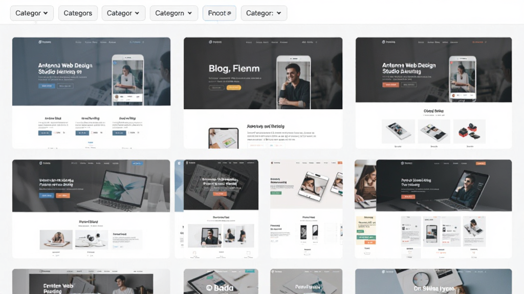 Antenna Web Design Studio 模板资源库界面,画面中展示一个网格状的模板缩略图列表,每个缩略图代表一个网页模板,涵盖企业站、博客、电商等类型,界面顶部有分类筛选标签,整体风格整洁有序,配色柔和,画质清晰,干净,无多余元素