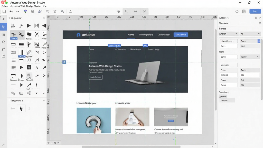 Antenna Web Design Studio 软件主界面全貌展示,画面中央为可视化网页编辑区域,左侧为组件面板,右侧为属性设置栏,顶部为菜单工具栏,整体布局清晰,界面风格简洁专业,采用现代扁平化设计,屏幕中显示正在编辑的网页页面,包含导航栏与内容区块,画质清晰,干净,无多余元素