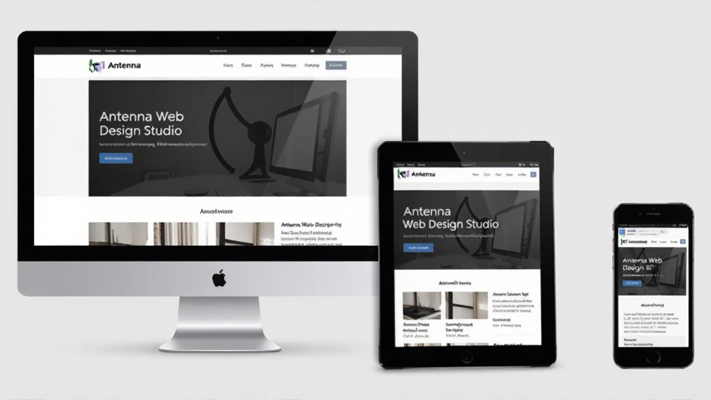 Antenna Web Design Studio 响应式布局预览界面,画面中同时展示三个并排的设备预览窗口,分别是桌面显示器、平板电脑和智能手机,三个窗口中显示同一网页的不同适配效果,页面元素排列整齐,界面背景为浅灰色,风格清爽干净,画质清晰,无多余元素