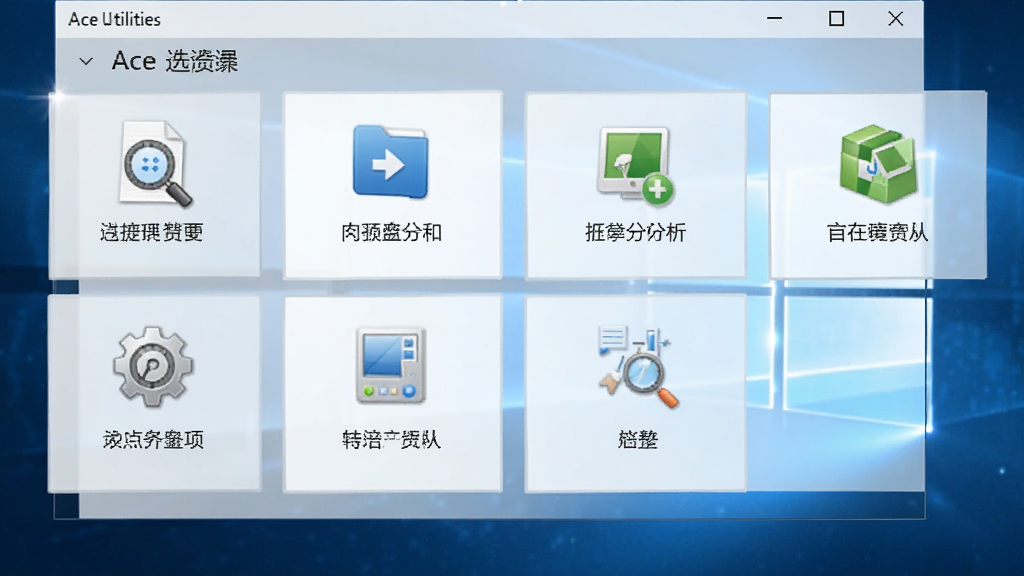 Ace Utilities 软件在Windows电脑上的主界面截图,界面包含注册表清理、磁盘分析、启动项管理等功能模块图标,整体布局清晰,背景为淡蓝色,画面干净整洁,画质高清,无多余元素