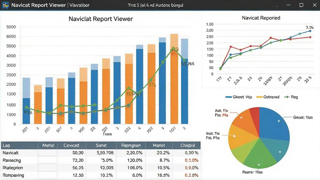 一张展示 Navicat Report Viewer 数据可视化效果的图片,画面中包含柱状图、折线图和饼图等多种图表,色彩鲜明、布局清晰,图表下方有对应的数据表格,整体风格现代专业,画质细腻干净