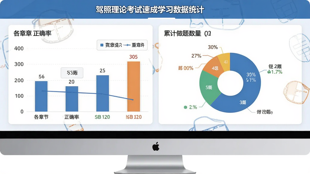 驾照理论考试速成学习数据统计页面,画面显示柱状图和饼图,分别展示各章节正确率和累计做题数量,界面风格清爽,数据一目了然,画质清晰干净