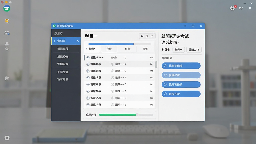 软件主界面全景展示,中央是驾照理论考试速成软件窗口,窗口内显示科目一题库列表和答题进度条,左侧为章节分类导航,右侧为题目详情与选项按钮,整体布局清晰,风格简洁明快,画质干净,无多余元素