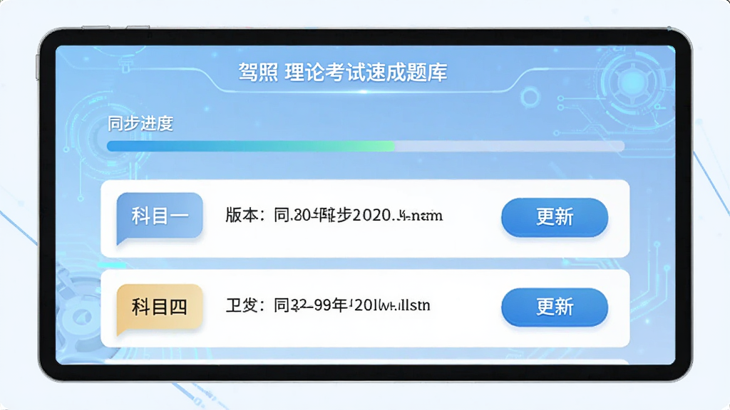 驾照理论考试速成题库更新界面,画面中显示题库同步进度,列表中有科目一、科目四标签,旁边有更新按钮和版本日期,背景为淡蓝色科技感风格,画面干净整洁