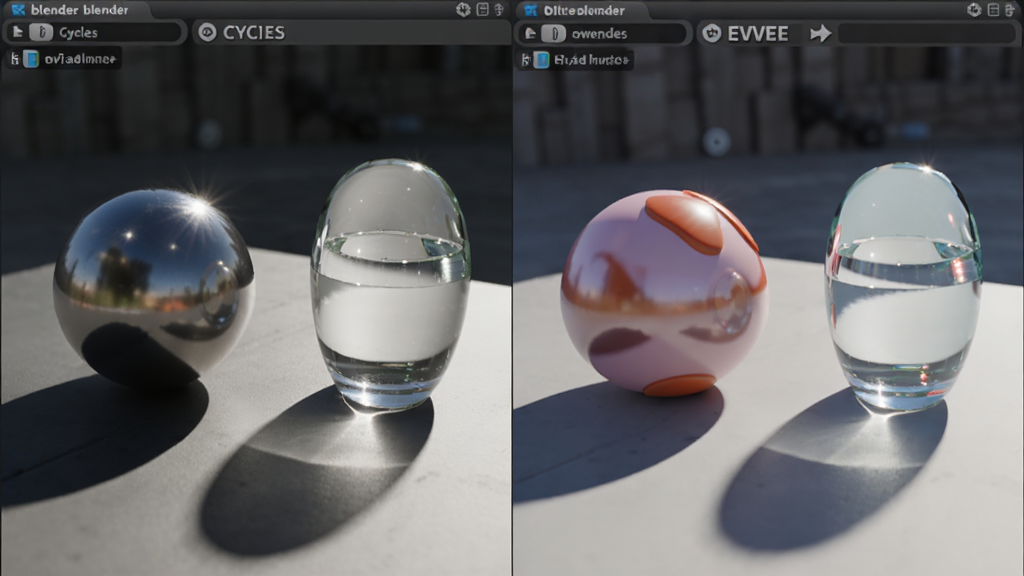 软件名称blender,主体为Cycles与EEVEE渲染对比图,布局左右分栏,排版左真实光影右实时预览,风格为写实与卡通对照,细节包含金属球体、玻璃材质、地面阴影、灯光反射,画质清晰干净无多余元素