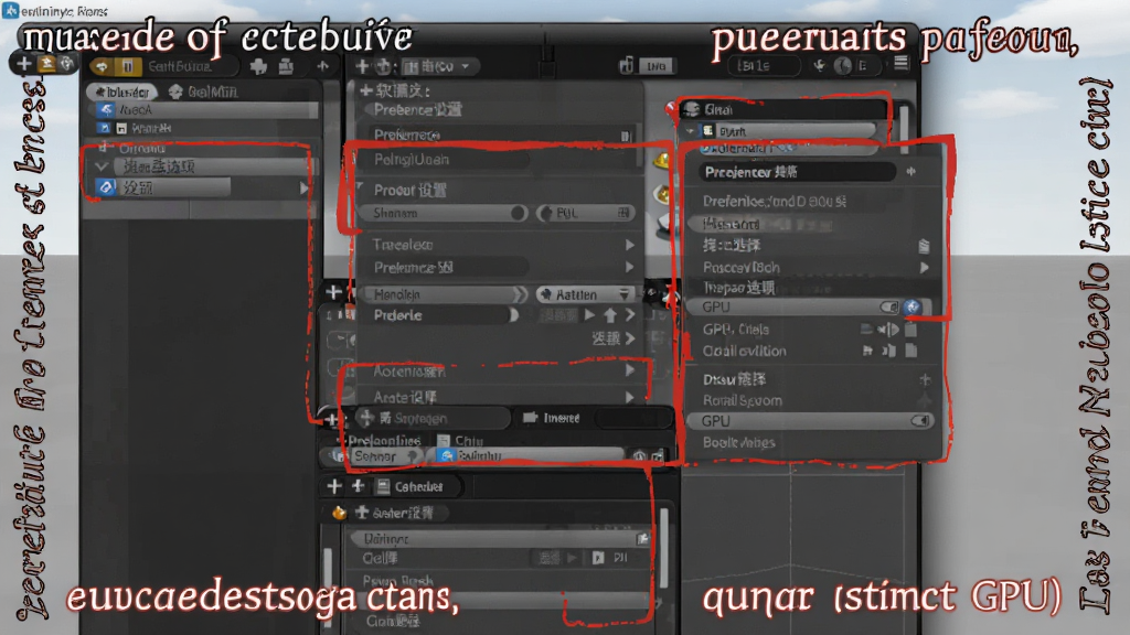 软件名称blender,主体为新手操作界面标注图,布局为全屏截图加红色标注框,排版四周环绕提示文字,风格为教学说明风,细节包含偏好设置菜单、语言选项、GPU选择、保存路径,画质清晰干净无多余元素