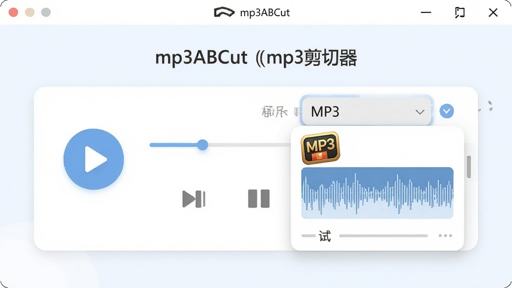 Mp3ABCut��mp3�����������ʽ������ʵʱ��������չʾ������Ϊ�������ſ���������ʽѡ�������˵�������Ϊ���п�Ƭʽ���棬�Ű��࣬���Ϊ��ˬǳɫ�������棬ϸ�ڰ������Ű�ť����������MP3ͼ�����������Σ����ʸ��壬�ɾ����޶���Ԫ��