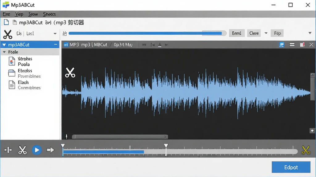 Mp3ABCut��mp3����������������ȫòչʾ������ΪWindows������Ļ�ϵ���Ƶ�����������ڣ����ְ��������˵������м䲨����ʾ�����ײ�ʱ�����뵼����ť���Ű�������࣬���Ϊ�ִ���ƽ���Ƽ��磬ϸ�ڰ�����ɫ���������ļ��б�������ͼ����MP3��Ƶ���Σ����ʸ��壬�ɾ����޶���Ԫ��