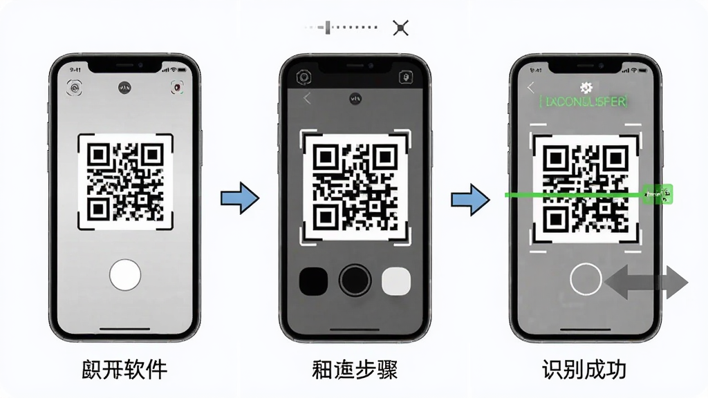 二维码速识通新手操作步骤示意图,主体为手机屏幕分三格展示扫码流程,布局为从左到右依次为打开软件、对准二维码、识别成功三个画面,排版为横向排列,风格为教程图解风格,细节包含每格下方配有简短文字说明、箭头引导、手机边框圆角处理,画质高清,干净,无多余元素