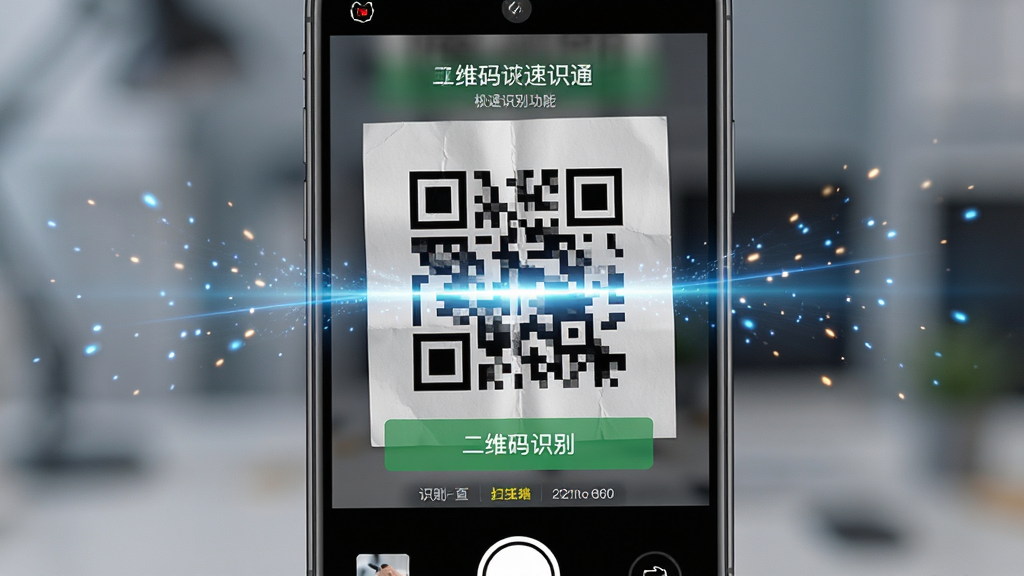 二维码速识通极速识别功能展示图,主体为手机摄像头对准一张带有轻微折痕的二维码纸片,画面中有一道代表扫描速度的光线特效穿过二维码,布局为居中构图,排版简洁,风格为写实科技感,细节包含手机界面显示识别成功提示、背景虚化处理、光线粒子效果,画质高清,干净,无多余元素