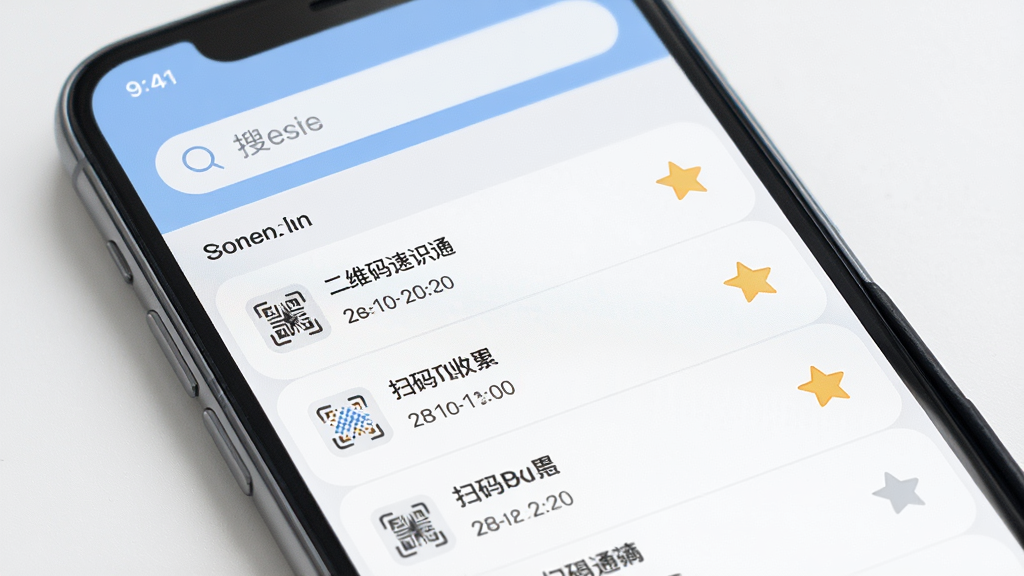 二维码速识通历史记录与收藏功能展示图,主体为手机屏幕显示扫码历史列表界面,布局为上下结构,上方为搜索框,下方为按时间排列的记录条目,排版清晰,风格为清爽浅色系UI风格,细节包含每条记录带有小图标、时间戳、收藏星标按钮,画质高清,干净,无多余元素