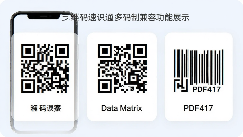 二维码速识通多码制兼容功能展示图,主体为手机屏幕中同时显示QR Code、Data Matrix、PDF417三种不同形态的码制图案,布局采用三列并排展示,排版规整,风格为简约信息图风格,细节包含每种码制下方标注对应名称、浅色背景、圆角卡片式设计,画质高清,干净,无多余元素