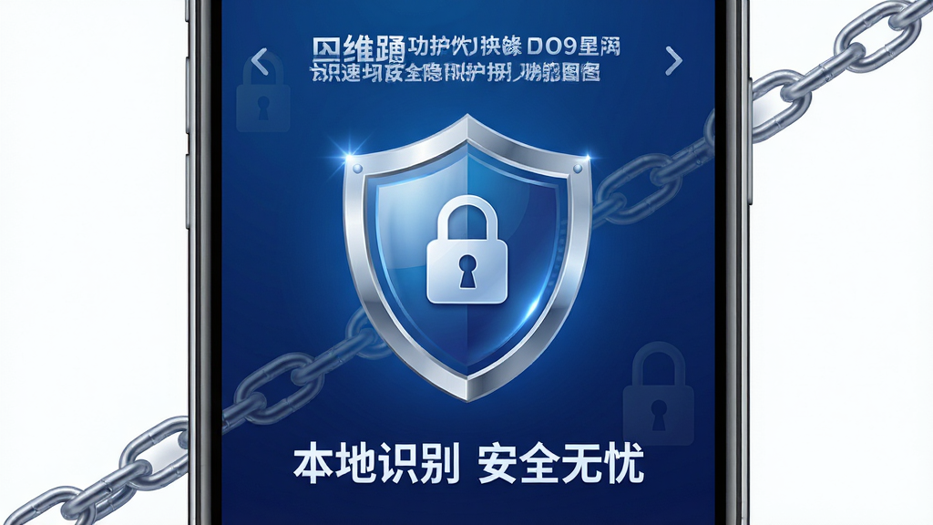 二维码速识通安全隐私保护功能展示图,主体为一部手机屏幕显示盾牌图标与“本地识别 安全无忧”文字,布局为居中对称构图,排版简洁明了,风格为安全防护主题视觉,细节包含盾牌高光质感、背景为深蓝色渐变、周围有细微锁链元素,画质高清,干净,无多余元素