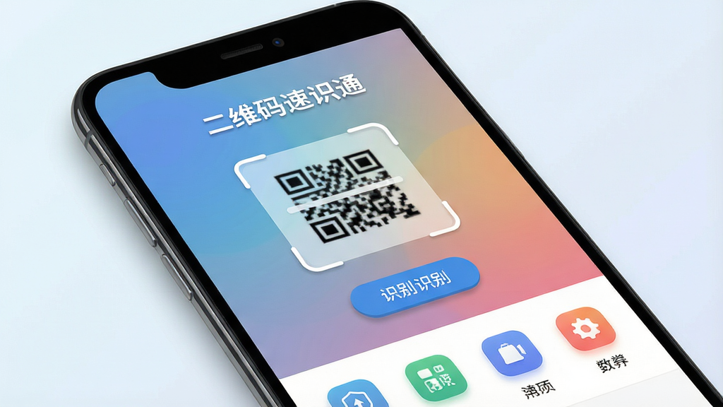 二维码速识通软件主界面展示,主体为一部安卓手机屏幕特写,屏幕中央显示简洁的扫码取景框与识别按钮,布局采用上下结构,上方为软件名称“二维码速识通”文字标识,下方为功能图标排列,排版清晰整齐,风格为现代扁平化科技风,细节包含柔和渐变背景、圆角图标、浅色阴影,画质高清,干净,无多余元素