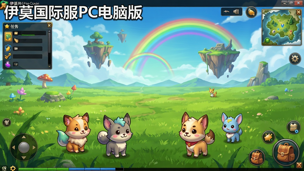 一张展现伊莫国际服PC电脑版游戏主界面的高清截图风格图片,画面中央是广阔奇幻的绿色草原场景,远处有漂浮的岛屿和彩虹,近处站立着几只可爱的卡通风格宠物角色,界面四周分布着任务栏、地图按钮、背包图标等游戏UI元素,画面左上角显示“伊莫国际服PC电脑版”标题文字,整体风格明亮清新,色彩饱和度高,画质细腻干净,无多余杂乱元素