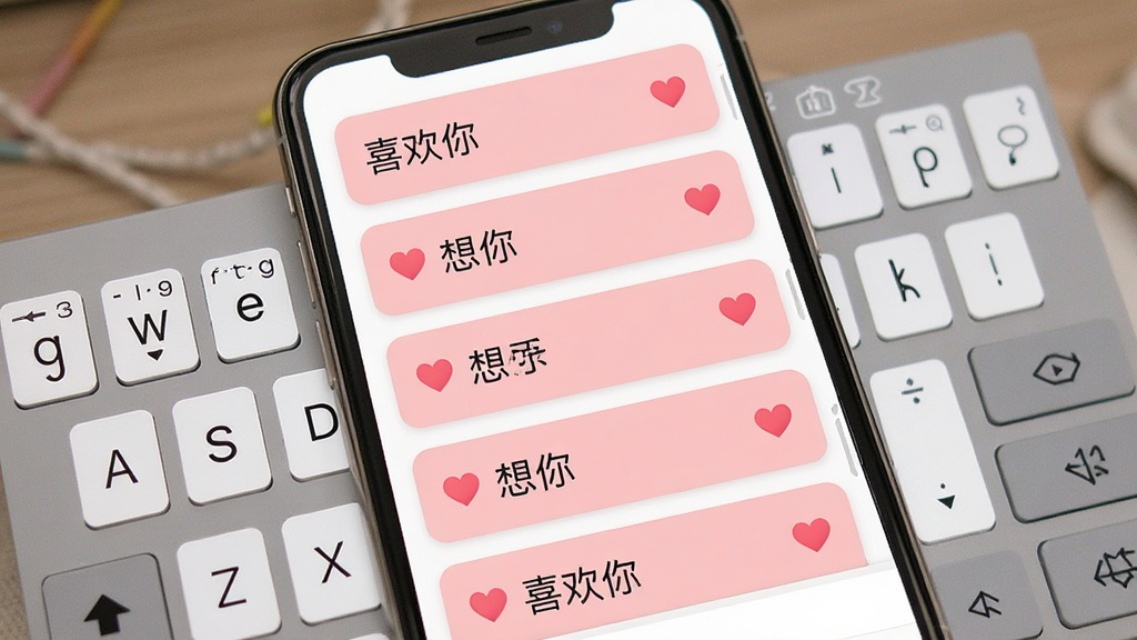 一张展示告白键盘情话模板面板的手机界面图片,画面主体是键盘上方弹出的情话列表,包含「喜欢你」「想你」等中文短句,布局为竖向滚动卡片,排版清晰,风格为温馨浪漫风,细节包含粉色卡片底色与爱心图标,画质高清干净无多余元素