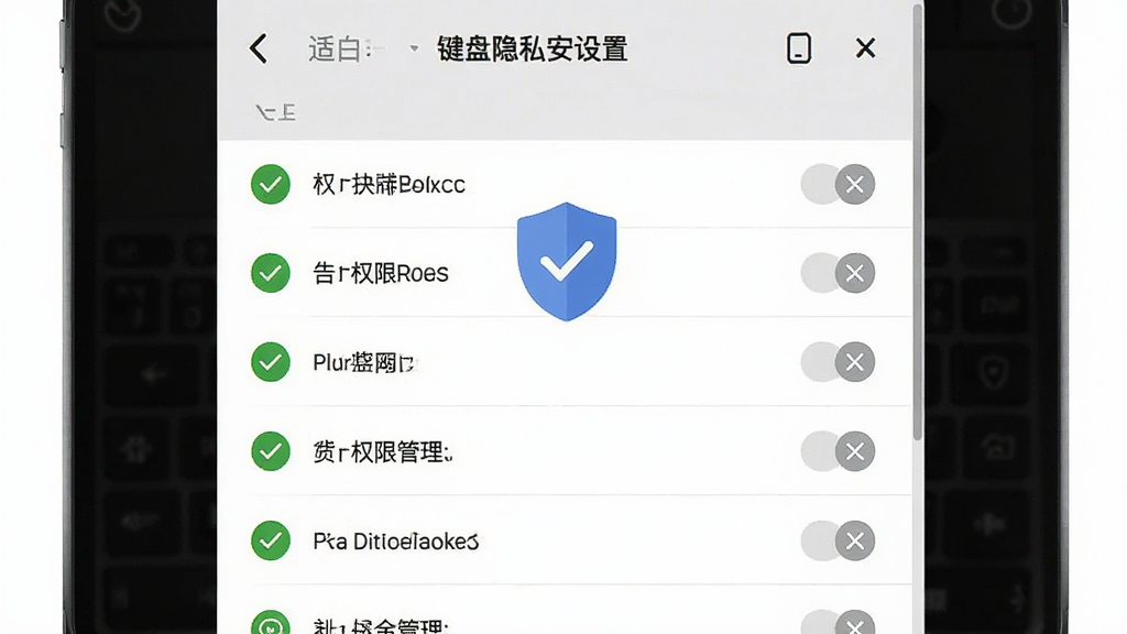 一张展示告白键盘隐私安全设置的界面图片,画面主体是权限管理列表与盾牌图标,布局为竖版设置页面,排版规整,风格为安全简约风,细节包含绿色对勾标记与灰色关闭项,画质高清干净无多余元素