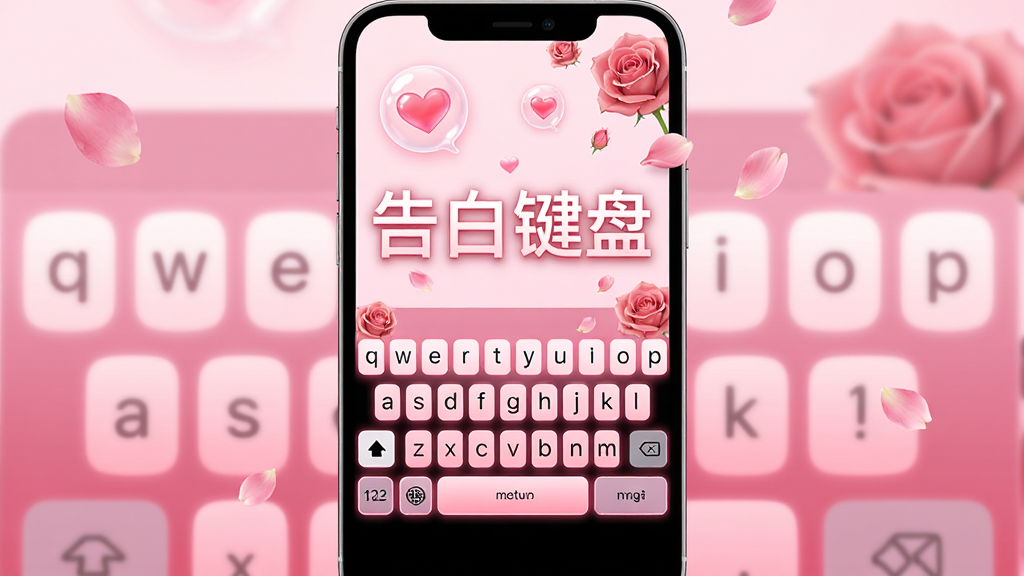 一张手机屏幕正中央展示粉色渐变键盘界面的图片,键盘上方有爱心气泡和玫瑰花装饰,画面主体是「告白键盘」四个中文字体悬浮在键盘上方,布局为竖版手机UI展示,排版简洁,风格为浪漫清新风,细节包含键帽圆角、发光边框、飘落花瓣,画质高清干净无多余元素