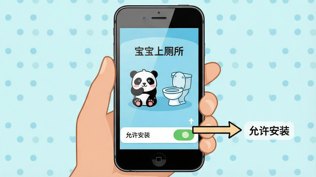 一张卡通风格的手机界面操作示意图,画面中一只手拿着手机,手机屏幕上显示“宝宝上厕所”的应用主界面,界面中有熊猫宝宝和马桶图标,旁边有箭头指向设置中的“允许安装”选项,布局为手机居中加箭头指引,风格为扁平化UI插画,细节包括手机边框和屏幕反光,画质清晰干净,无多余元素