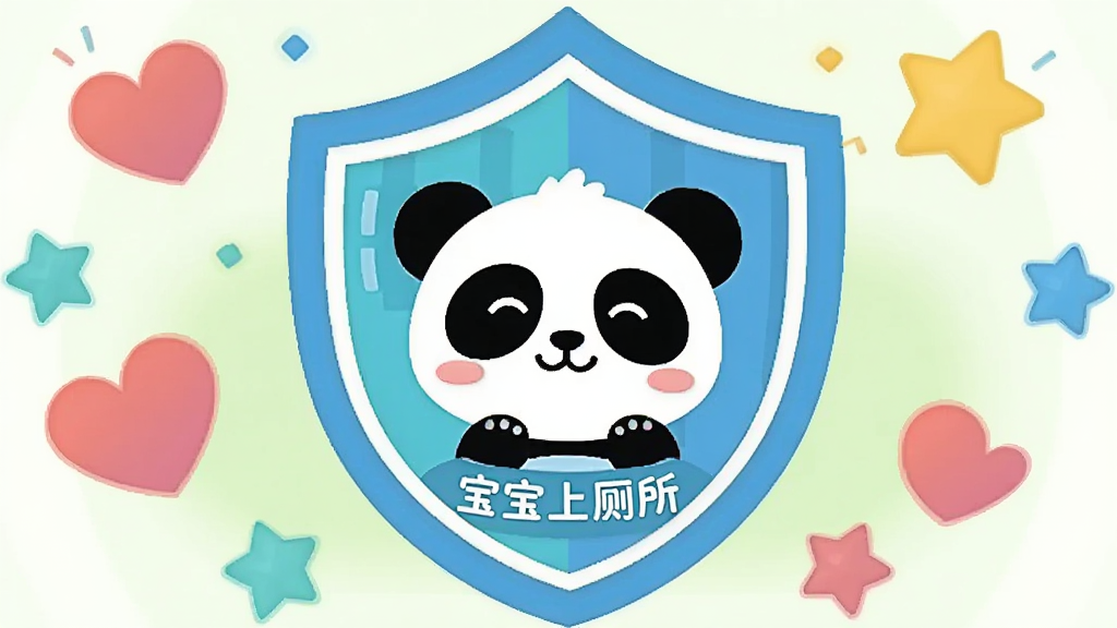 一张卡通风格的安全盾牌插图,盾牌中央有一个微笑的熊猫宝宝,盾牌周围环绕着爱心和星星,背景为浅绿色,布局为中心盾牌加环绕元素,风格为简洁扁平插画,细节包括盾牌上的“宝宝上厕所”小字和爱心的渐变效果,画质干净明亮,无多余元素