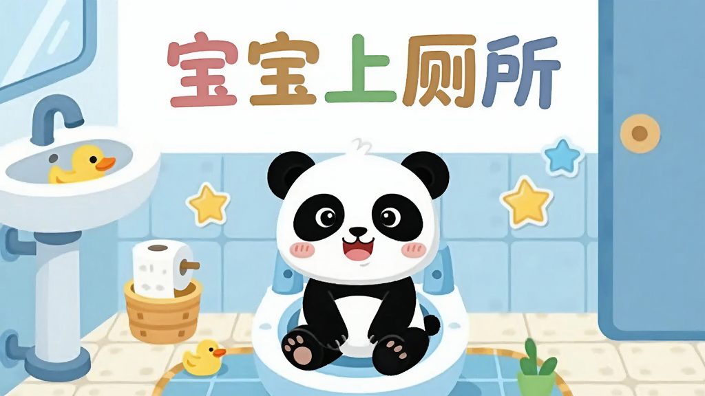 一张明亮温馨的卡通风格插图,画面中央是一个可爱的熊猫宝宝坐在儿童马桶上,表情开心自信,周围环绕着洗手池、卷纸、小鸭子玩具等浴室元素,背景为浅蓝色调的卫生间场景,布局采用居中构图,上方留白处写着“宝宝上厕所”四个圆润的彩色大字,整体风格为扁平化矢量插画,细节包括地砖纹理和墙上的星星贴纸,画质清晰干净,色彩柔和,无多余杂乱元素