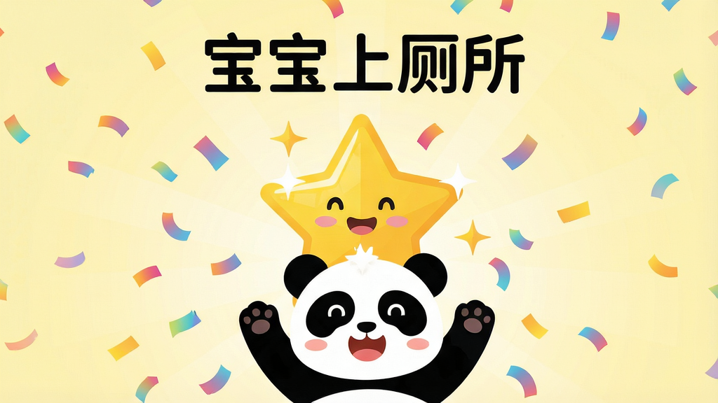 一张卡通风格的奖励页面插图,画面中央是一个闪闪发光的星星奖杯,周围飘落着彩色纸屑,一个熊猫宝宝开心地举起双手,背景为淡黄色渐变,布局为居中构图,上方有“宝宝上厕所”字样,风格为扁平矢量插画,细节包括星星上的笑脸和纸屑的彩色渐变,画质清晰干净,无多余元素
