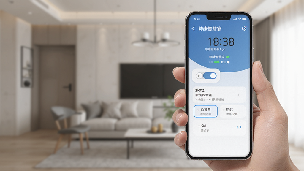 一张展示帅康智慧家App远程控制功能的图片,画面中一只手拿着手机,手机屏幕上显示帅康智慧家的远程控制界面,界面中有灶具开关按钮和定时设置选项,背景是模糊的客厅场景,风格现代简洁,细节包含时间显示和状态提示,画质清晰,干净,无多余元素