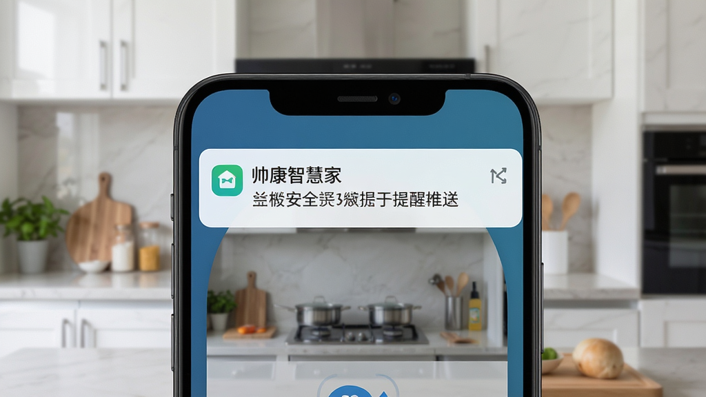 一张展示帅康智慧家App安全提醒推送的图片,画面中一部手机屏幕上方弹出通知横幅,横幅上显示帅康智慧家的安全提醒文字,手机背景是厨房场景,风格写实清晰,细节包含通知图标和文字内容,画质清晰,干净,无多余元素