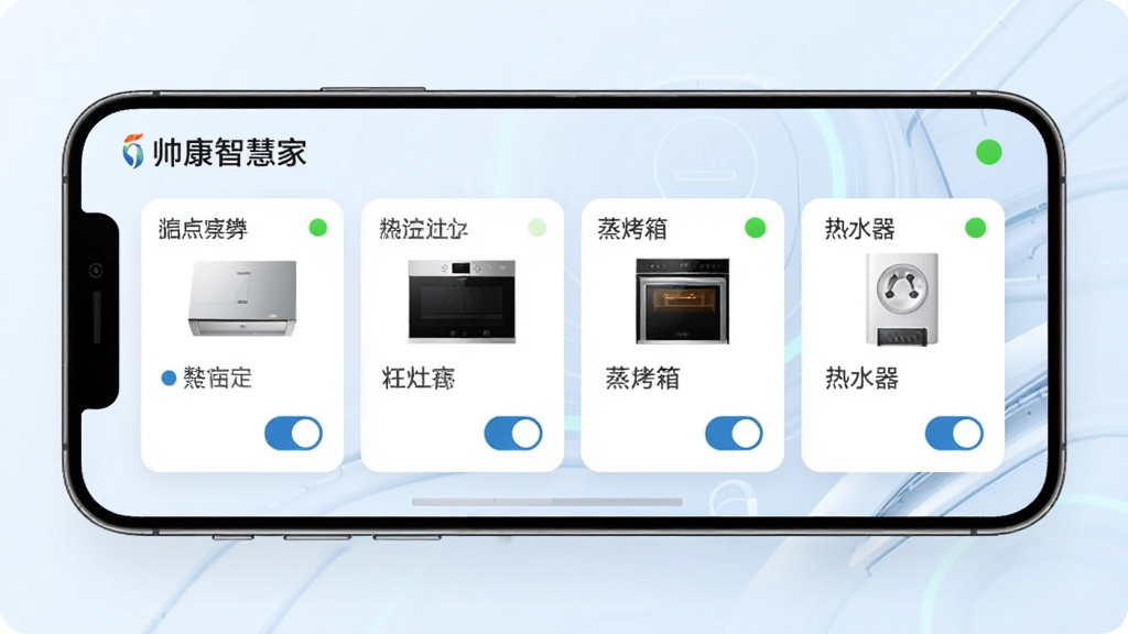 一张展示帅康智慧家App多设备管理界面的图片,画面中一部手机横向放置,屏幕上排列着烟机、灶具、蒸烤箱、热水器四个设备卡片,每个卡片上有设备名称、在线状态和快捷开关,背景为浅色渐变科技风格,布局整齐,排版清晰,细节包含设备图标和状态指示灯,画质清晰,干净,无多余元素