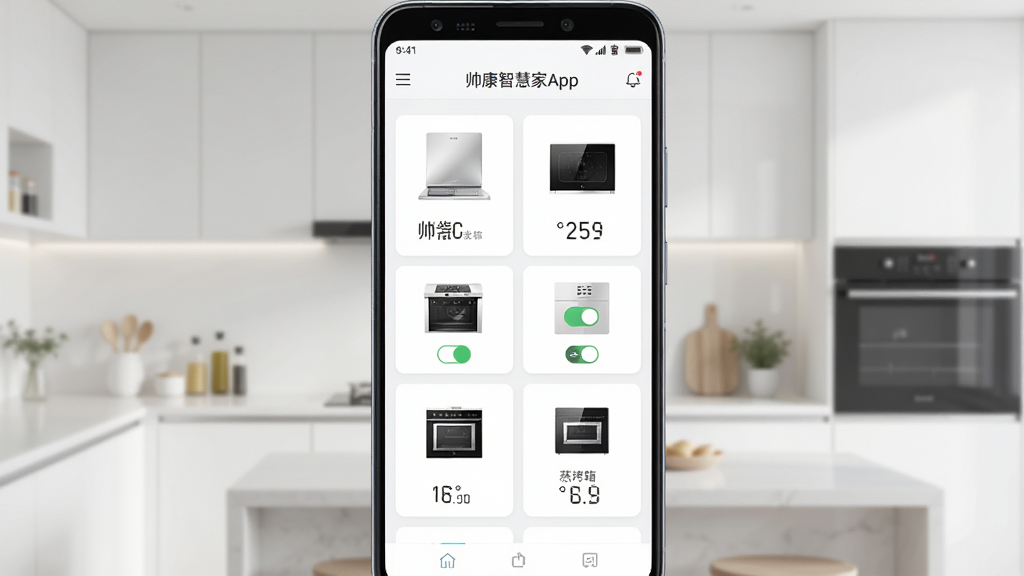 一张展示帅康智慧家App手机界面的图片,画面中央是一部安卓手机,手机屏幕上显示帅康智慧家App的设备控制首页,界面中有烟机、灶具、蒸烤箱等设备卡片,背景是明亮整洁的现代厨房,整体布局清晰,风格简约科技感,细节包含设备图标、开关按钮和温度数值,画质清晰,干净,无多余元素