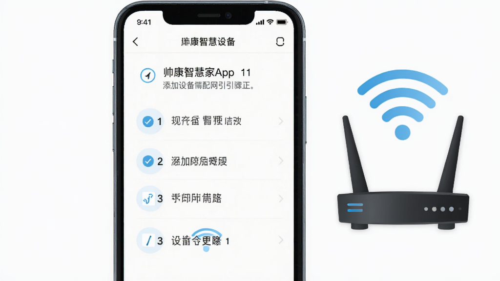 一张展示帅康智慧家App配网引导界面的图片,画面中手机屏幕显示添加设备步骤提示,旁边有路由器图标和WiFi信号标识,背景简洁,风格扁平化,细节包含步骤序号和文字说明,画质清晰,干净,无多余元素