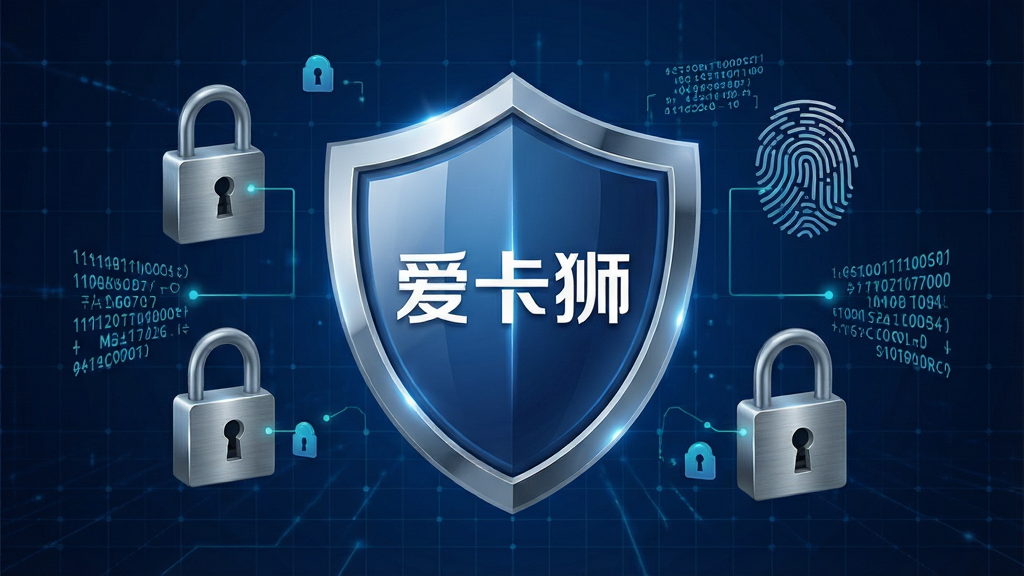 一张展示爱卡狮数据安全与隐私保护功能的图片,画面中央是一个盾牌图标,盾牌上印有“爱卡狮”Logo,盾牌周围环绕着锁、指纹、加密代码等元素。背景是深蓝色科技感网格。布局采用中心对称构图,风格为安全科技风,细节包括盾牌的高光、锁的金属质感,画质清晰,画面干净,无多余元素。