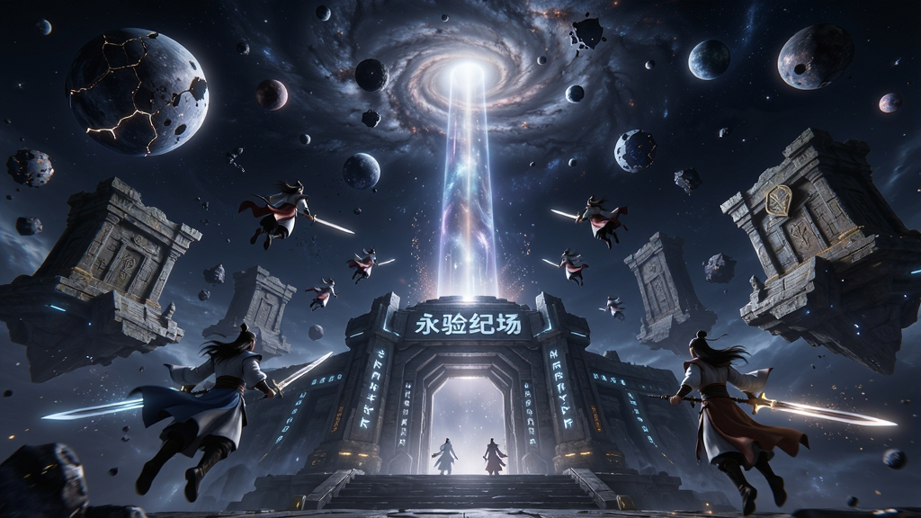 永生纪元星空实验场场景,深邃宇宙背景中悬浮着破碎的星辰与古老祭坛,多名修仙者御剑飞行,中央有一道发光的光柱连接天地,画面主体为实验场入口,布局采用仰视视角,玄幻科幻融合风格,细节包括符文光效与星尘粒子,画质清晰,干净无杂物