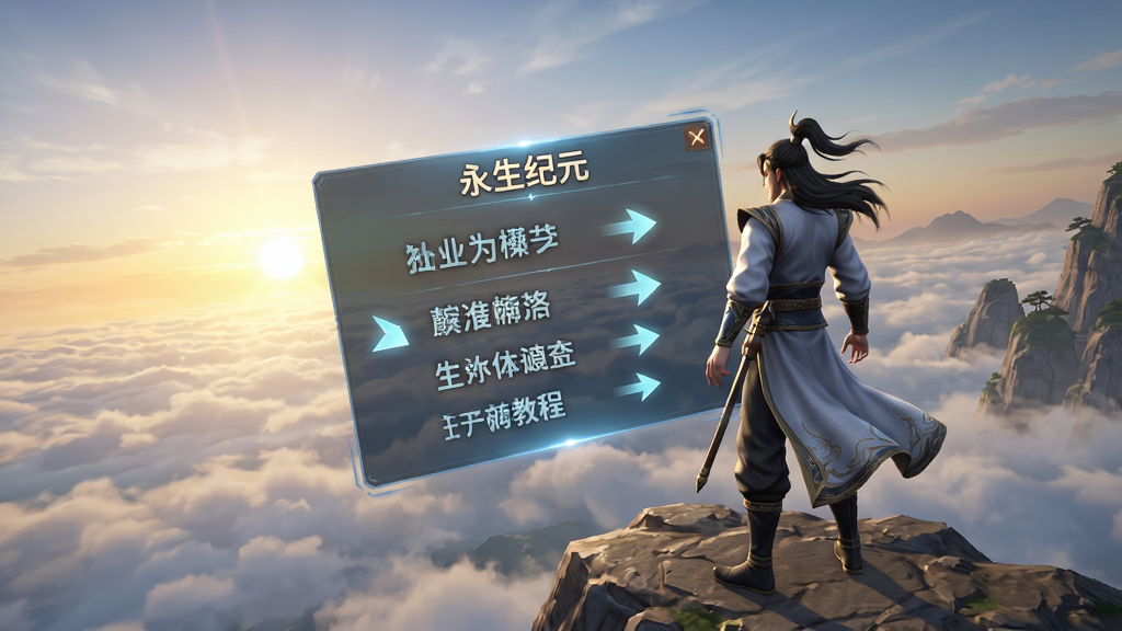 永生纪元新手教程界面,画面中一位修仙者站在山巅,面前悬浮着半透明的操作指引面板,背景是日出云海,布局采用斜角透视,风格为仙侠教学,细节包括发光的箭头与文字标注,画质清晰,干净无多余元素