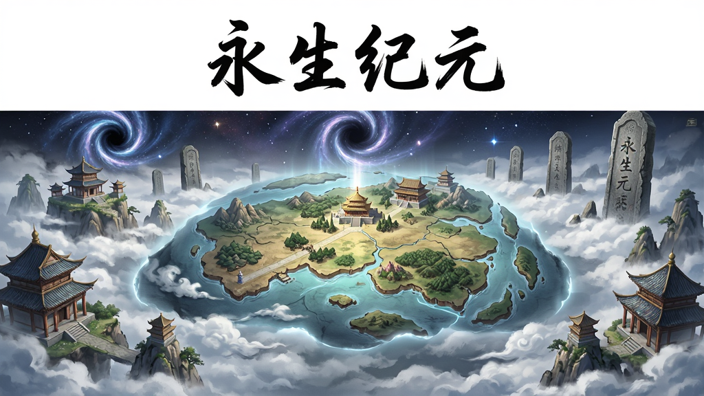 永生纪元手游主界面全景展示,画面中央悬浮着巨大的修仙大陆地图,四周环绕云雾缭绕的仙山楼阁,远处有星空漩涡与古老石碑,水墨国风与玄幻光影结合,主体居中布局,上方留白处写有“永生纪元”四个古风书法字,画面干净整洁,细节丰富,4K超清画质,无多余元素