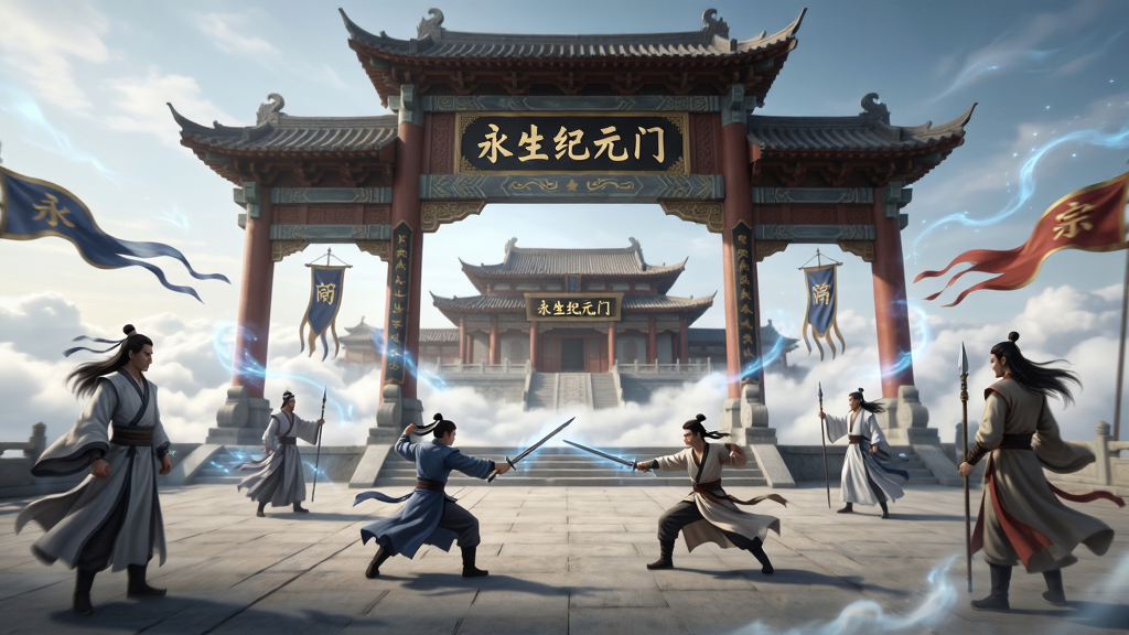 永生纪元宗门场景,宏伟的仙门牌坊矗立在云海之上,两侧站立着身着道袍的修仙者,中央广场有弟子在切磋剑法,远处宫殿写着“永生纪元门”字样,布局采用对称构图,风格为东方仙侠,细节包括飘动的旗帜与灵气光雾,画质细腻,干净无多余元素