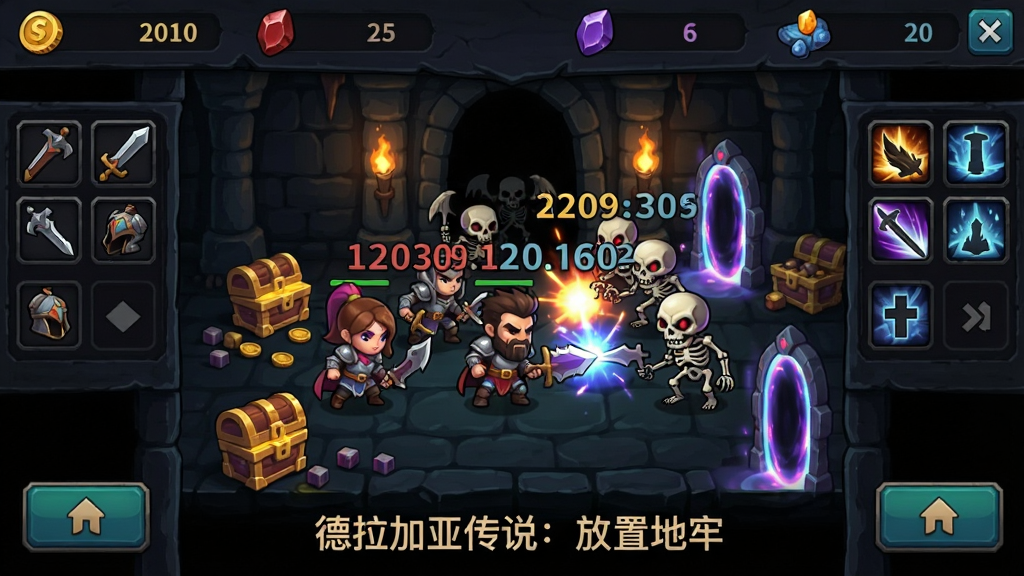 一款暗黑奇幻风格的放置地牢手游主界面,画面中央是几位Q版英雄正在与地牢深处的骷髅怪物自动战斗,屏幕上方显示金币与灵魂石数量,左右两侧有装备栏与技能升级按钮,整体色调偏暗黑但带有明亮的魔法光效,布局为竖屏手机界面,风格为欧美卡通与暗黑破坏神结合的混搭风,细节包括飘动的伤害数字、地上的掉落宝箱、闪烁的传送门,画质清晰干净,画面中带有文字“德拉加亚传说:放置地牢”,无多余杂乱元素