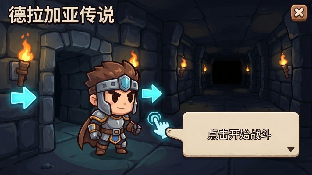 德拉加亚传说:放置地牢的新手引导界面,画面展示一位Q版英雄站在地牢入口,旁边有手指点击屏幕的提示图标,背景是幽暗的地牢走廊,风格为卡通教程风,细节包括发光的箭头、对话框中的文字“点击开始战斗”,画质清晰,干净无多余元素